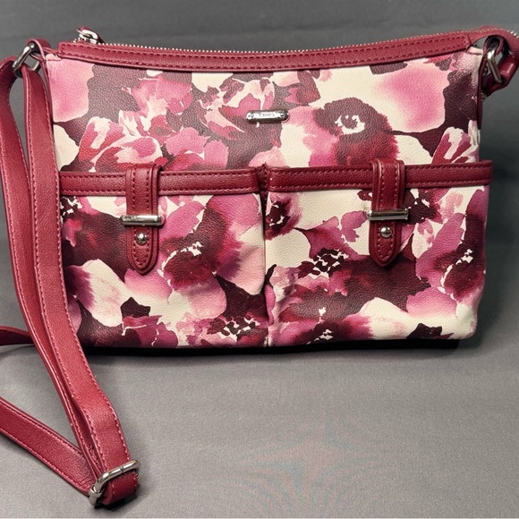 Chaps Burgundy and Cream Floral Crossbody Bag - Picture 1 of 5